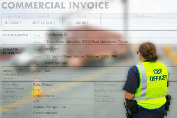 Customs officer with commercial invoice faded in the background