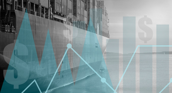 Financial graphs and charts overlay a containership on the water.