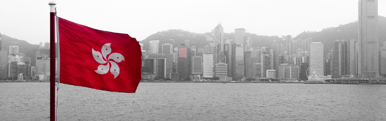 A Hong Kong Flag flies with a black and white city in the background.